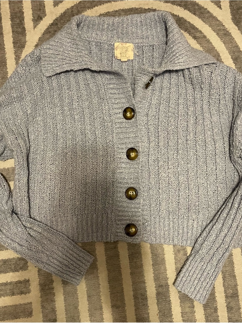 Hippie Rose Light Blue Cropped Rib-Knit Button Cardigan